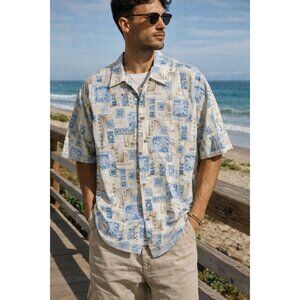 Pierre Cardin Mens Medium Blue Beige Abstract Button Up Shirt 100% Cotton